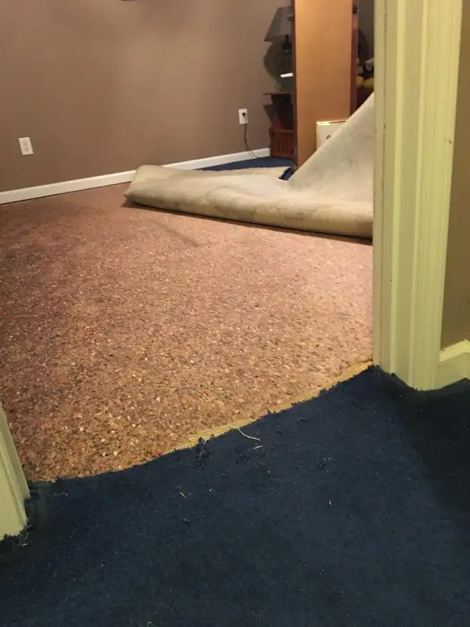Carpet pad removal revealing water damage during Water Mitigation Services in Hickory